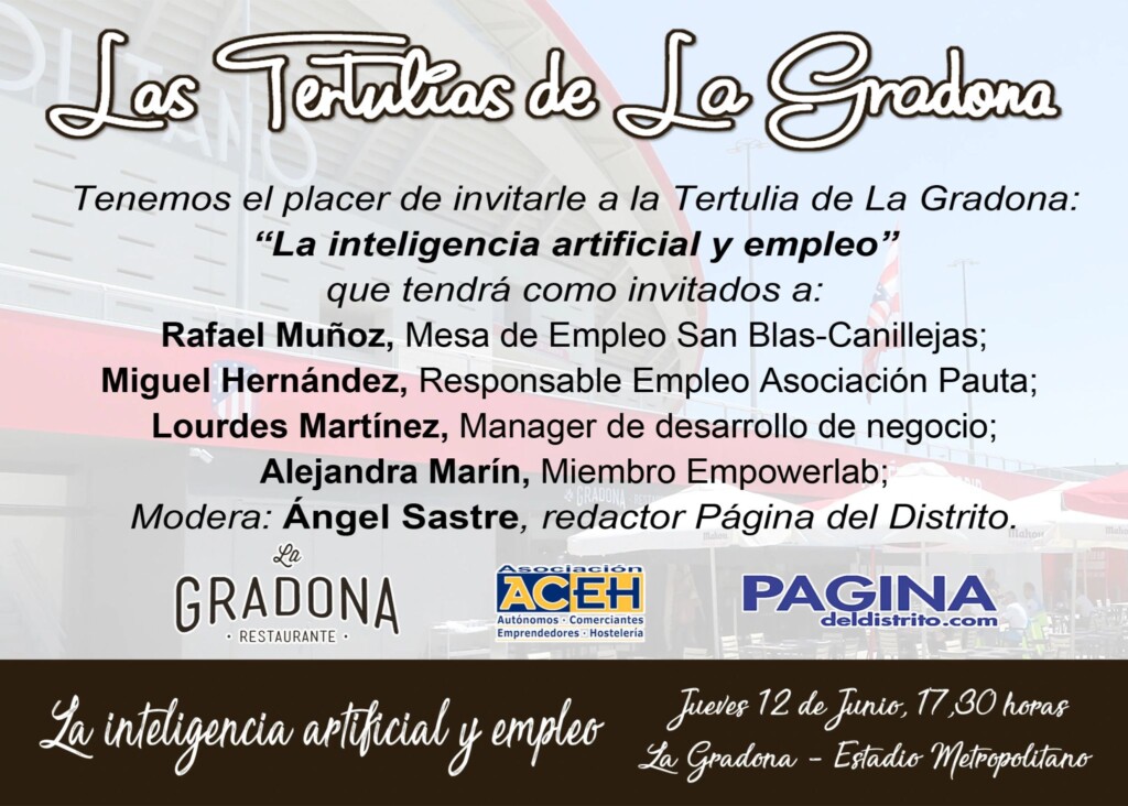 Cartel de las tertulias de La Gradona sobre La inteligencia artificial y el empleo en el que participa Lourdes Martínez